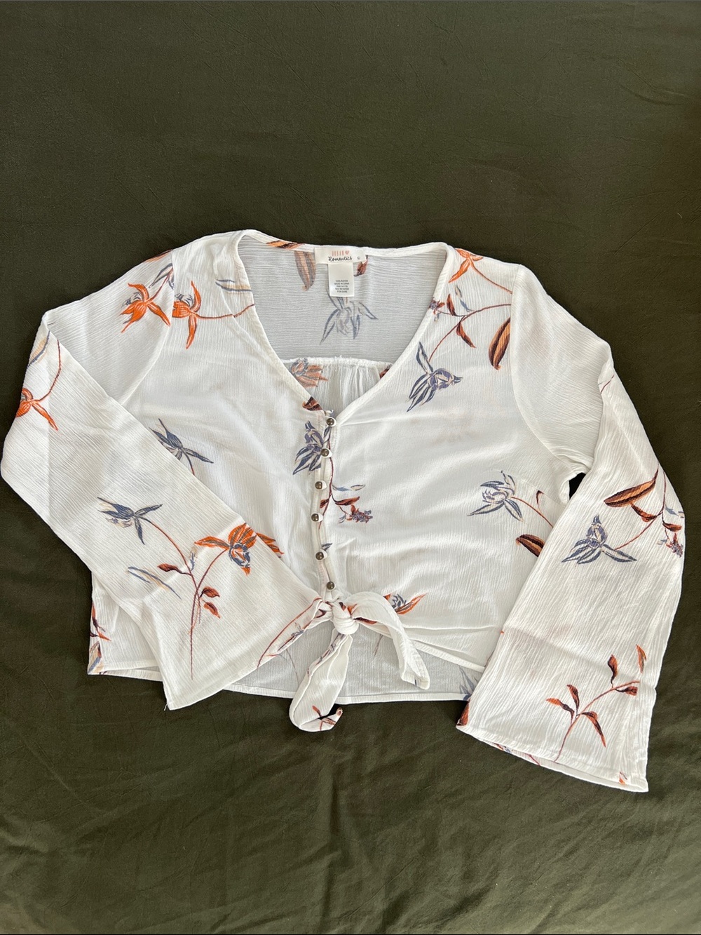 URBAN Romantics White Tie-Front Floral Blouse with Lavender & Rust Accents